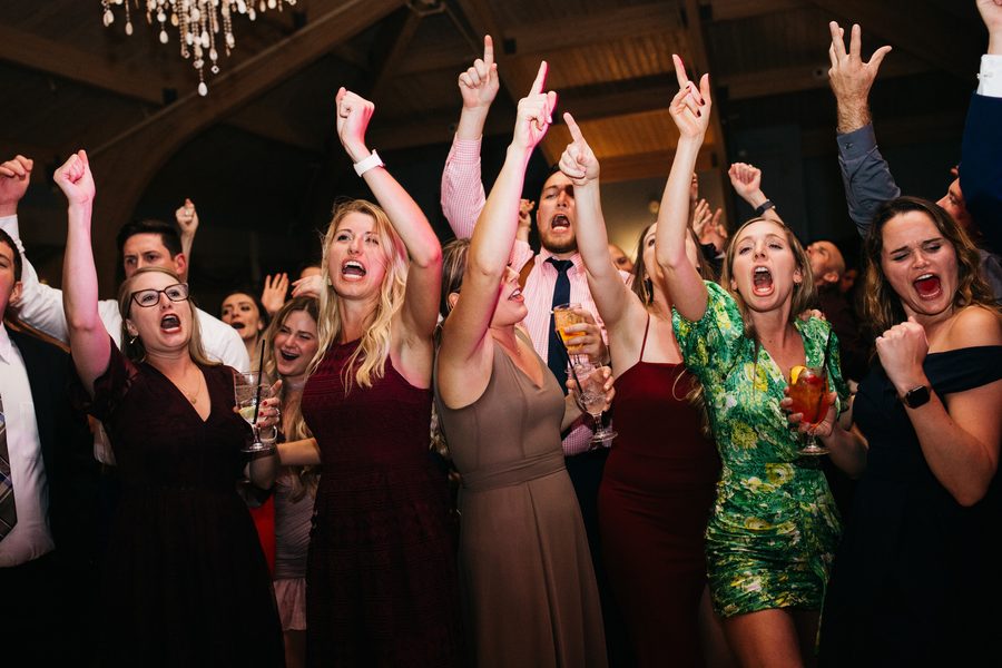 Wedding guests cheering with arms raised during a reception